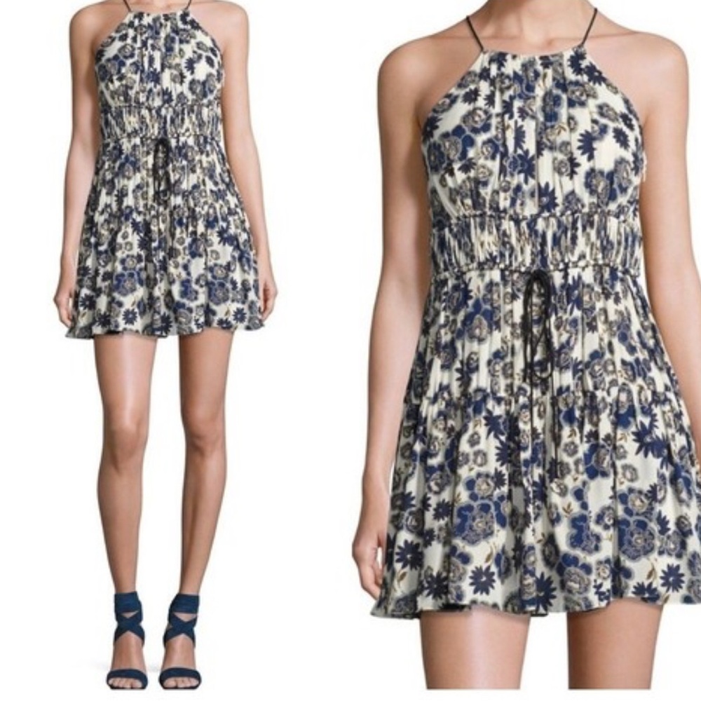 Cinq à Sept "Lotus" blue floral mini silk dress.
